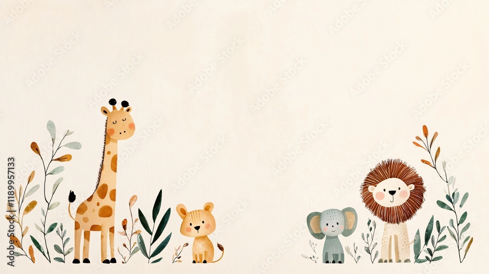 Fototapeta premium Celebrate with Love A Gender-Neutral Baby Shower Invitation Design Featuring Adorable Animals and Nature Elements