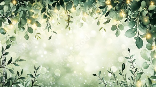 Lush cascading arrangement of watercolor emerald foliage creating a natural canopy frame, featuring detailed eucalyptus sprigs, delicate ferns, and olive branches in varying green tones. Soft golden