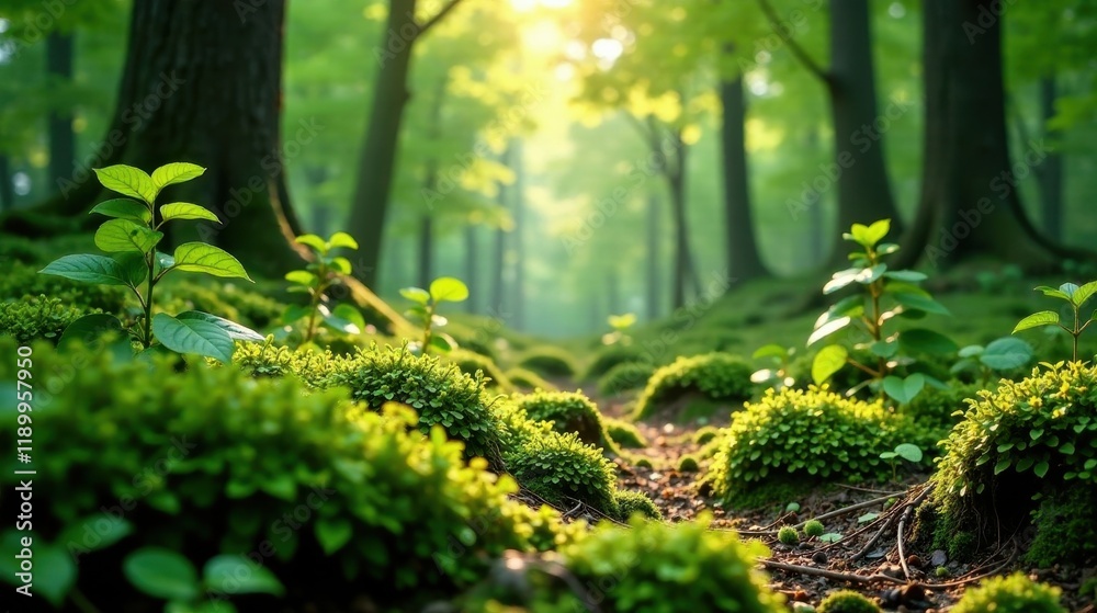 Obraz premium Sunlit Forest Path Lush Green Moss, Young Plants, and Towering Trees Create a Serene, Natural Scene