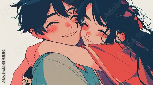 A cute cartoon couple in lovecore style, with a black-haired girl hugging the boy's neck and kissing him on his cheek. photo