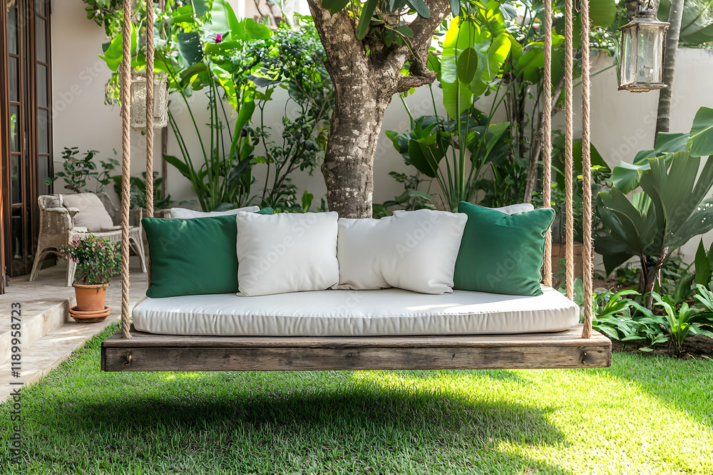 Fototapeta premium Tropical garden swing, relaxing patio, lush greenery
