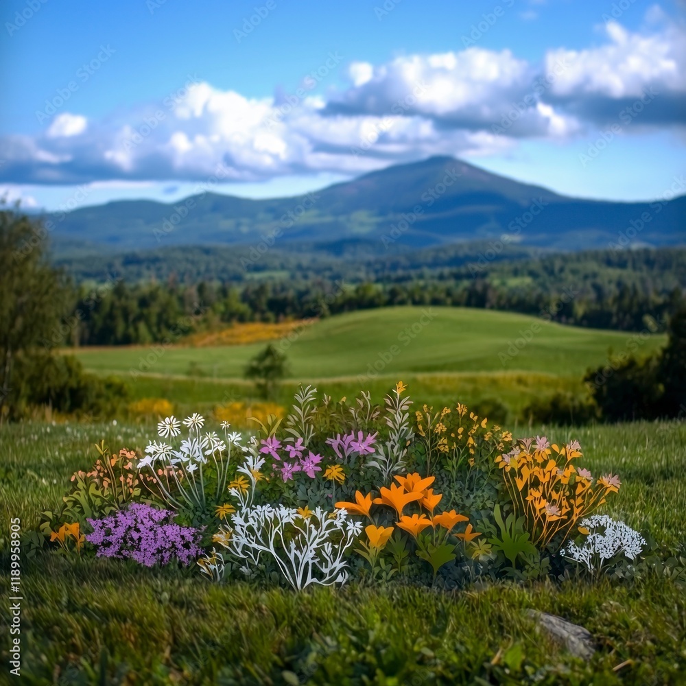 Obraz premium Idyllic Summer Meadow Landscape Blooming Flowers Rolling Hills Mountain View