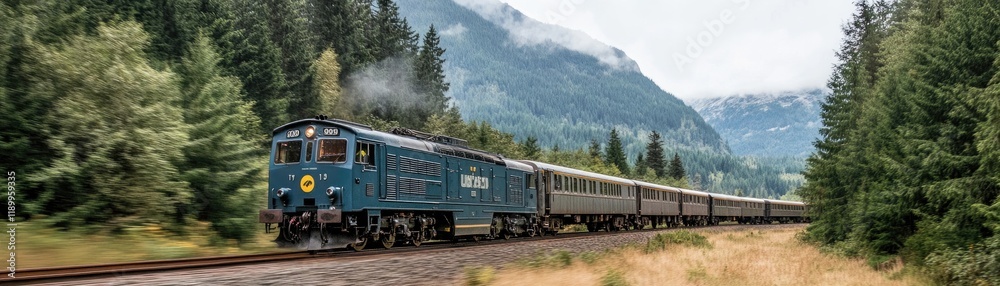 Fototapeta premium Scenic Train Journey Through Majestic Mountainous Forest Landscape in Autumn Colors
