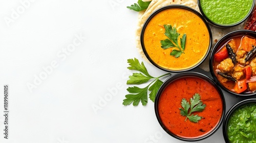 Wallpaper Mural A colorful assortment of condiments, including green, yellow, and red sauces, arranged in bowls, garnished with fresh herbs, ideal for enhancing meals. Torontodigital.ca