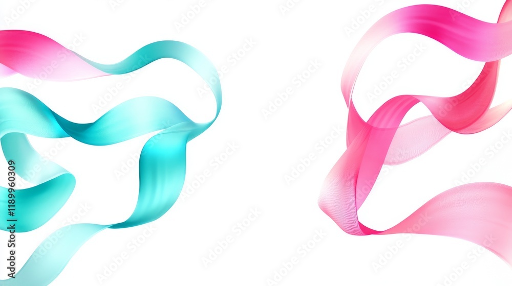 Flowing gradient ribbons, vibrant pink to turquoise transitions, smooth curved lines, floating abstract shapes, soft pastel loops, minimalist design elements, clean white background, vector art Flowing gradient ribbons, vibrant pink to turquoise transitions, smooth curved lines, floating abstract shapes, soft pastel loops, minimalist design elements, clean white background, vector art