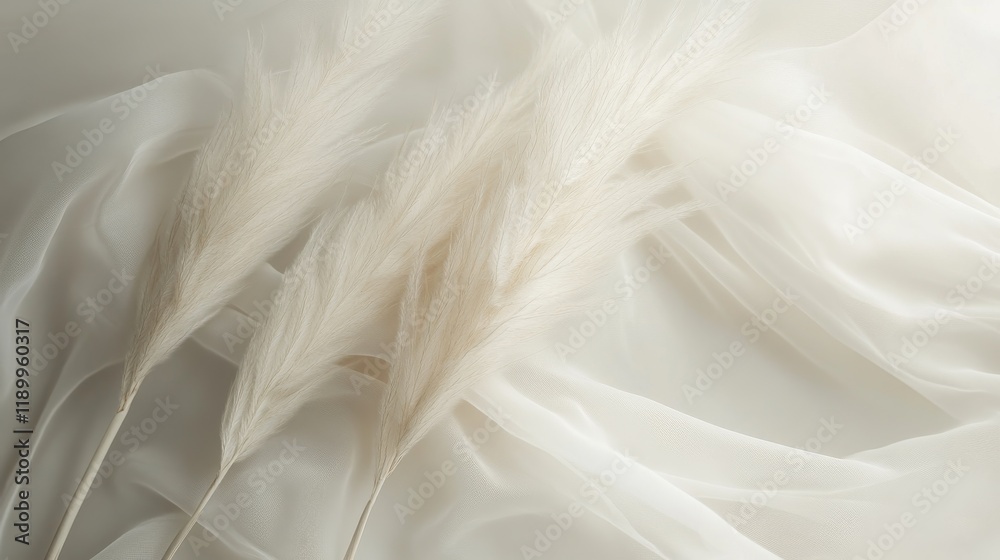 Modern composition featuring bleached pampas grass stems, gauzy ivory fabric creating movement through frame, shot from above with soft natural lighting highlighting delicate details