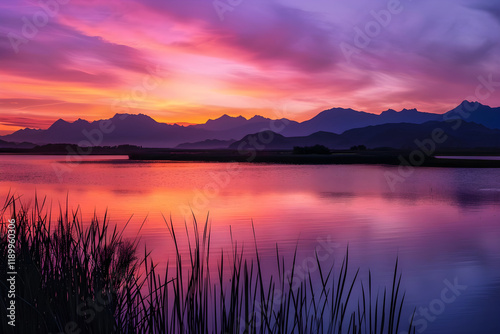 Majestic Mountain Sunset Reflection Over Tranquil Water - An Artistic Capture by JK Photography Studio