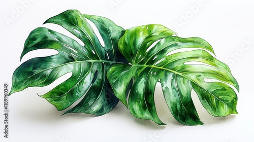 Two vibrant green Monstera deliciosa leaves isolated on white background. photo