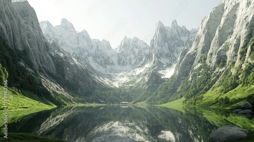 Obraz premium Serene alpine lake reflecting snow-capped mountains at sunrise; idyllic nature background for travel brochures