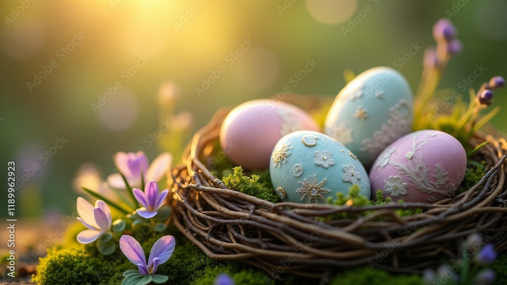 Easter eggs in natural nests made of twigs and moss, adorned with delicate patterns and surrounded by wildflowers. A peaceful design ideal for home décor or nature-inspired Easter products. Easter eggs in natural nests made of twigs and moss, adorned with delicate patterns and surrounded by wildflowers. A peaceful design ideal for home décor or nature-inspired Easter products.