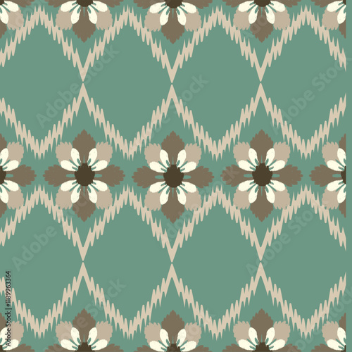 Ikat seamless floral pattern on green style  , Motif ethnic  floral seamless textil,  embroidery, print striped ornament floral, pattern, design for wrapping, silk, scarf, background, text