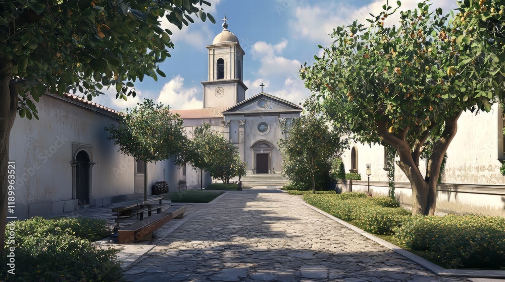 Fototapeta premium Church courtyard in sunny weather