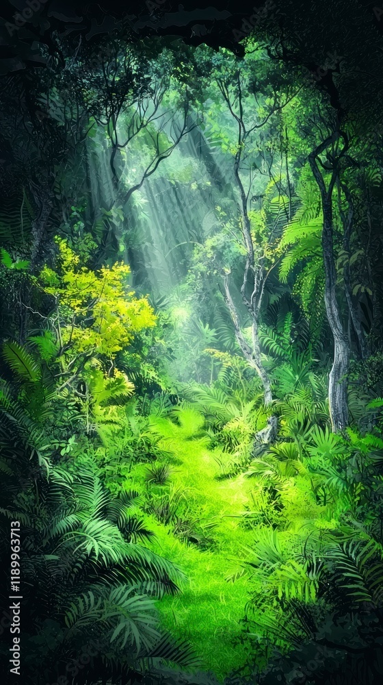 Fototapeta premium Lush Tropical Rainforest Path Sunlight Through Canopy Jungle Foliage Green Nature