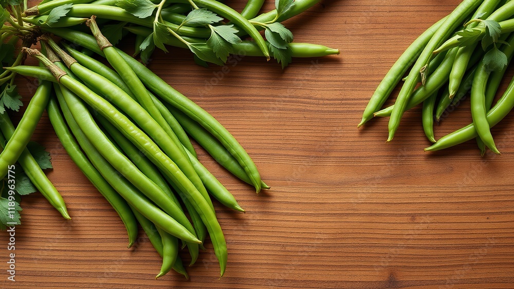 Fresh Green Beans on Wooden Table - Overhead Photo, High Quality, Bright Fresh Green Beans on Wooden Table - Overhead Photo, High Quality, Bright
