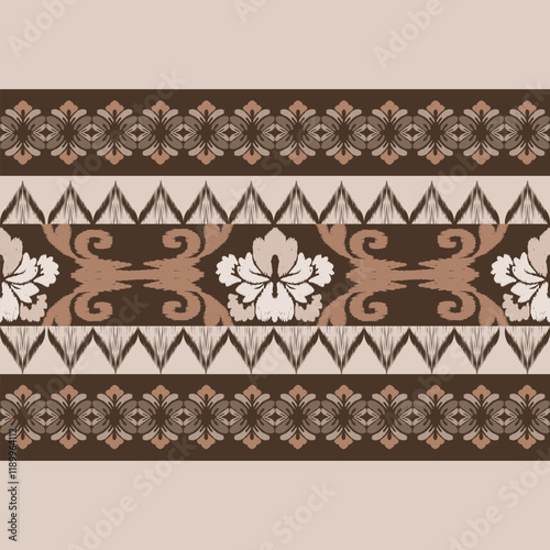 Ikat seamless floral pattern on brown tonevintage style  , Motif ethnic  floral seamless textil,  embroidery, print striped ornament floral, pattern, design for wrapping, silk, scarf, background, text