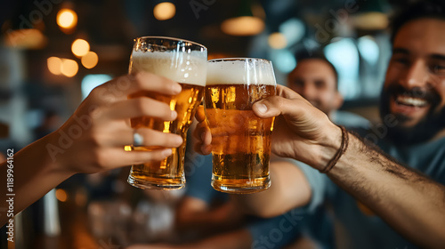 Happy male friends enjoying beers at a bar or pub