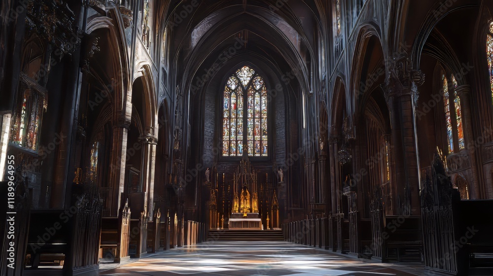 Fototapeta premium Grand church interior, stained glass