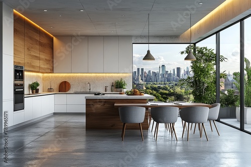 Modern white and wooden kitchen with dining table and chairs, overlooking cityscape view. Minimalist open-space living room with concrete floor, light wood cabinets, and large windows facing New York 