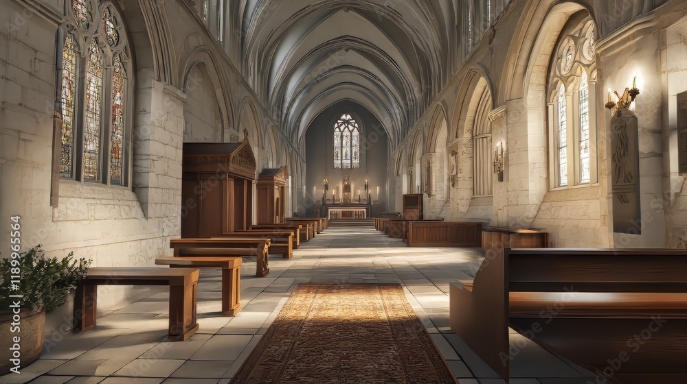 Fototapeta premium Tranquil cathedral interior, sunlight streams in