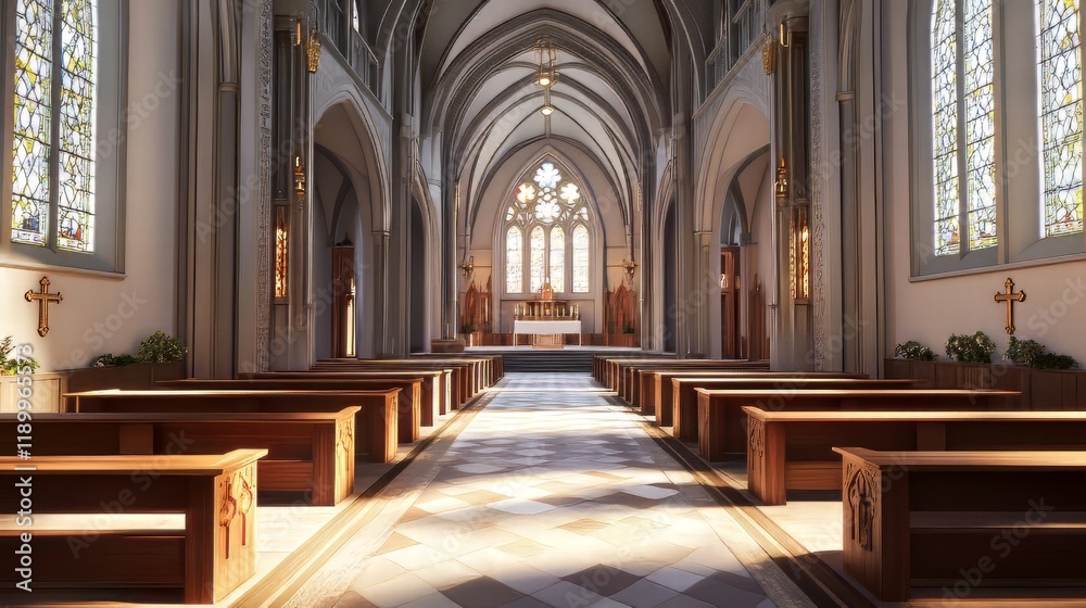 Fototapeta premium Serene church interior, sunlight streams in