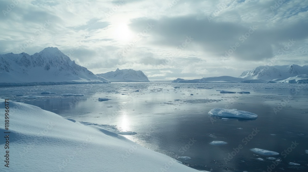 Fototapeta premium Antarctic landscape with snow, ice, mountains, and sea.