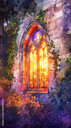 A vibrant and dramatic watercolor painting depicting a stained-glass window illustrating the resurrection of Jesus Christ. The artwork showcases bold colors and intricate patterns,
