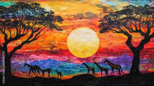 Fototapeta Naklejka Na Ścianę i Meble -  African safari animals silhouetted against a colorful sunset