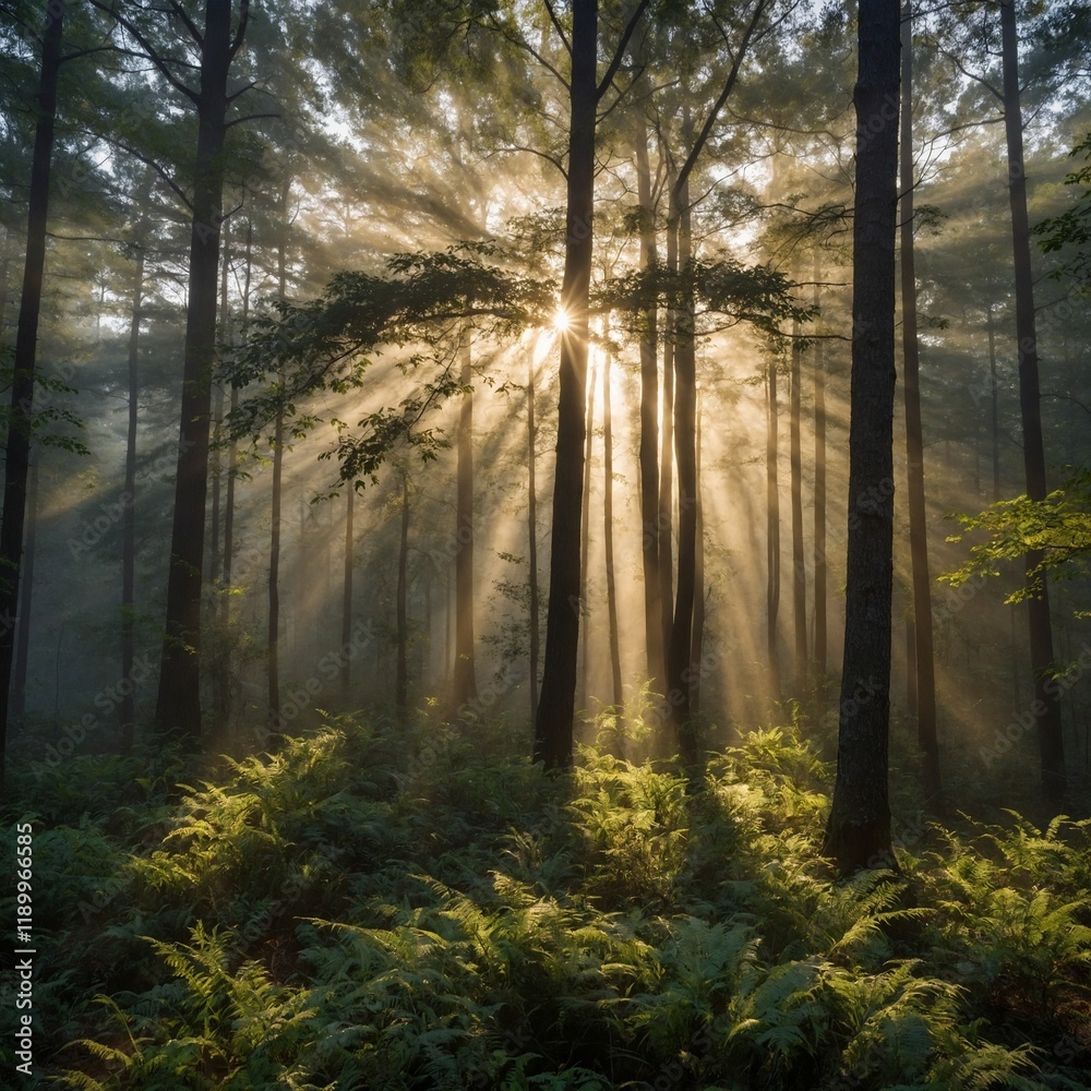 Fototapeta premium A misty forest at sunrise, with rays of sunlight breaking through the trees and casting a golden glow.