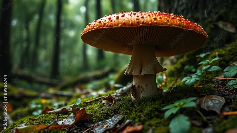 Fototapeta premium Rain-Kissed Bolete Mushroom in Forest - High-Quality AI Photo