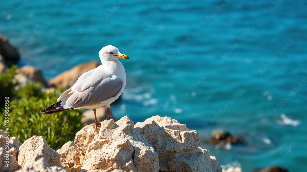 Ring-billed Gull on Calpe Rocks, Alicante, Spain - Coastal Scene Ring-billed Gull on Calpe Rocks, Alicante, Spain - Coastal Scene
