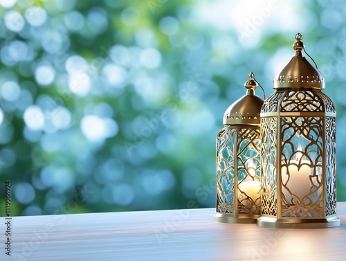 Ramadan lanterns, glowing candles, nature background, festive celebration photo