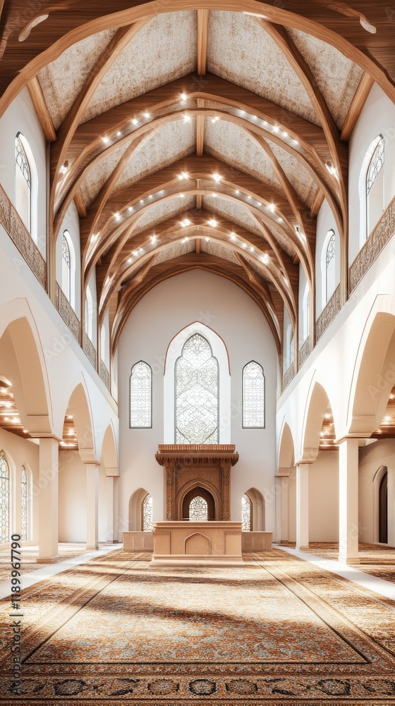 Fototapeta premium Elegant Interior of a Modern Cathedral with Arched Ceiling and Sunlit Windows