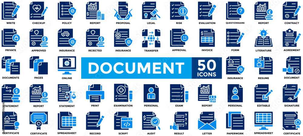 Document icon collection set. Containing legal, invoice, form, certificate, report, proposal, policy, insurance icon. Document icon collection set. Containing legal, invoice, form, certificate, report, proposal, policy, insurance icon.