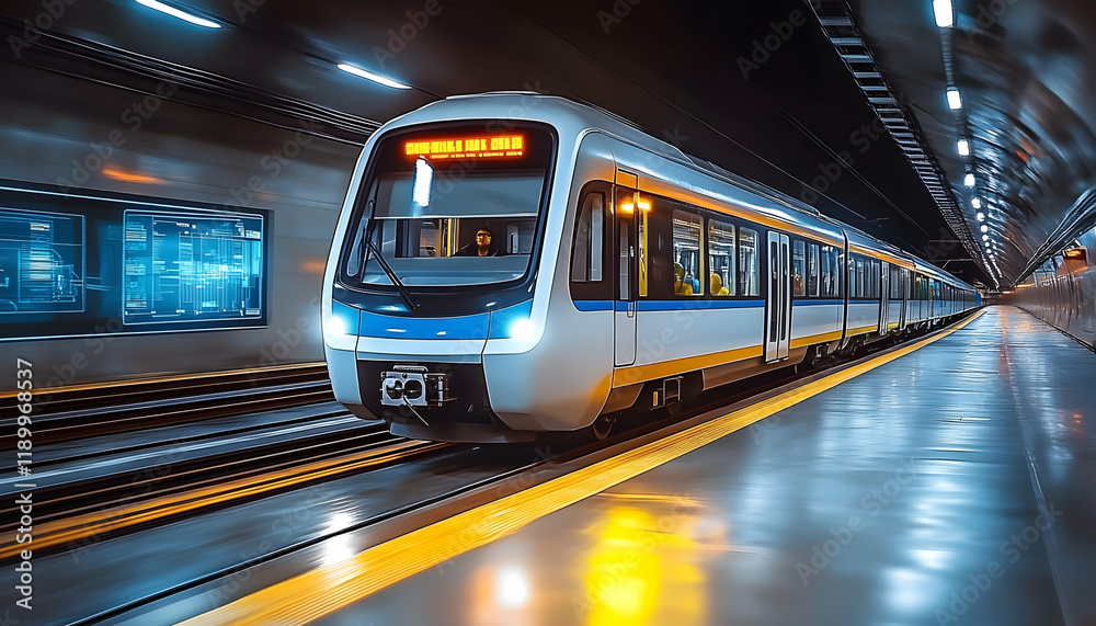 Modern train arriving at night station Modern train arriving at night station