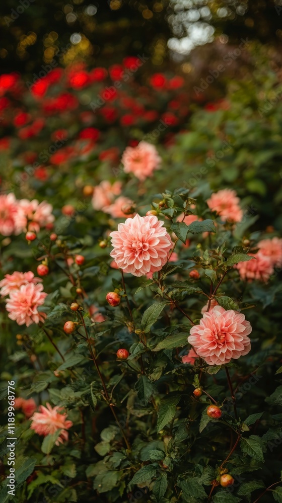 Blooming Pink and Red Dahlias in Garden Beautiful Floral Background Blooming Pink and Red Dahlias in Garden Beautiful Floral Background