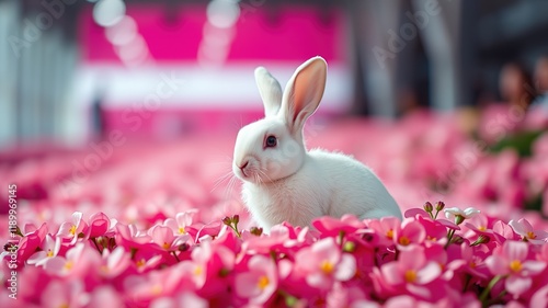 White Bunny on Pink Flowers - AI Photorealistic