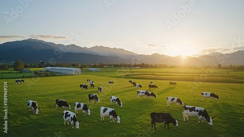 Aerial view of a large dairy farm, rows of dairy cattle grazing in paddocks, neatly divided fields, and farm buildings in the distance