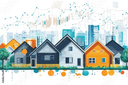 housing market depicted with diverse homes and properties economic indicators overlaying vibrant and engaging illustration capturing trends in the real estate sector
