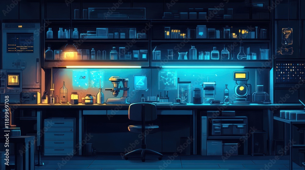 Night view of a chemistry laboratory with equipment and shelves. Night view of a chemistry laboratory with equipment and shelves.
