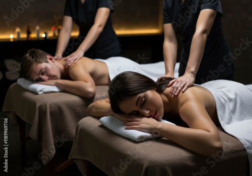 Romantic Spa Experience: Young Couple Enjoying Massage in Tranquil Setting