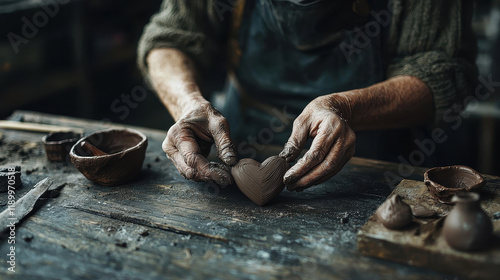 A craftsman shapes a handmade heart from clay, showcasing artistry and dedication in a rustic workshop filled with pottery tools.