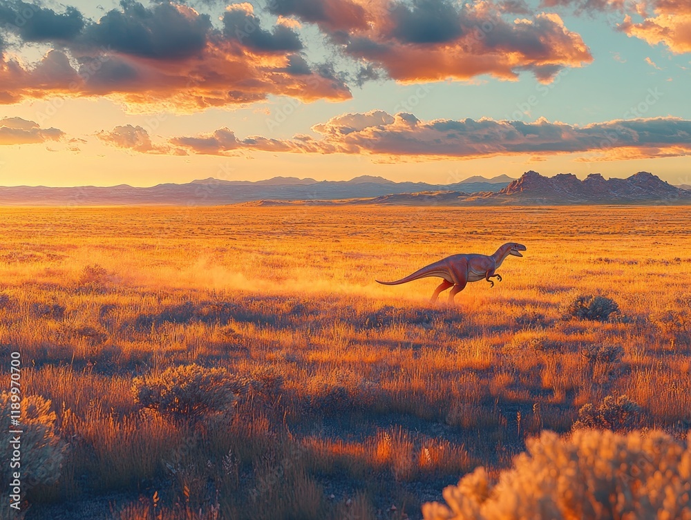 Fototapeta premium Dinosaur Roaming at Sunset in a Vast Desert Landscape