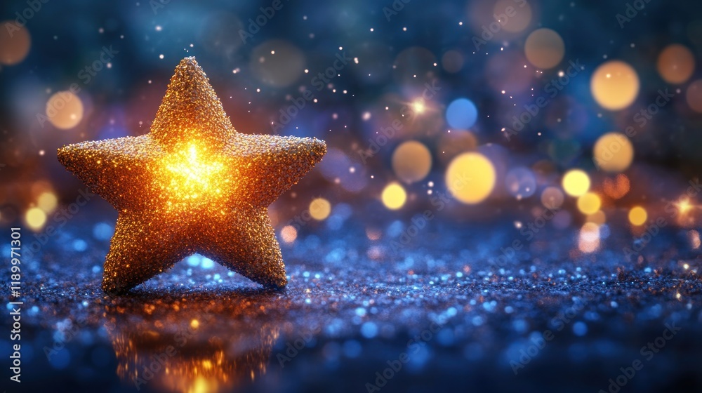 Glowing star on glitter, bokeh background, festive, holiday card