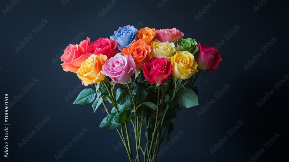 A Rainbow Bouquet Of Colorful Roses Against A Dark Background A Rainbow Bouquet Of Colorful Roses Against A Dark Background