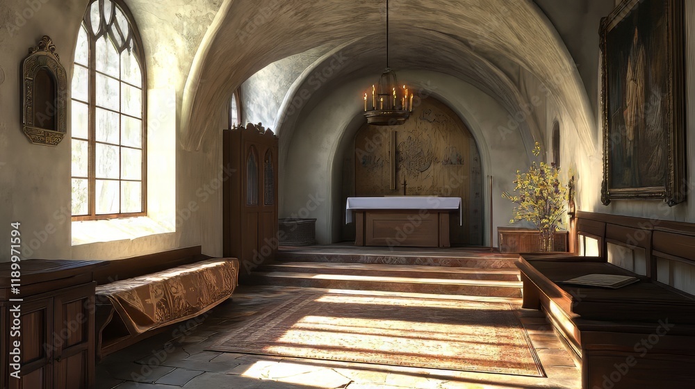 Fototapeta premium Serene chapel bathed in sunlight