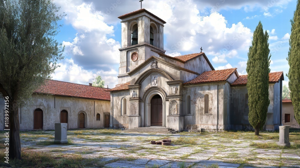Obraz premium Ancient church courtyard under blue skies