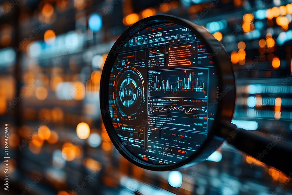 Data analysis magnifying glass server room Data analysis magnifying glass server room
