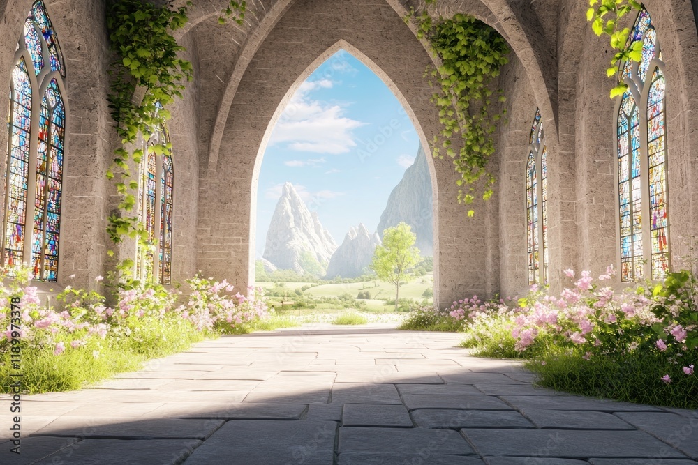 Fototapeta premium Gothic Archway Framing a Serene Mountain Landscape with Stained Glass and Vines