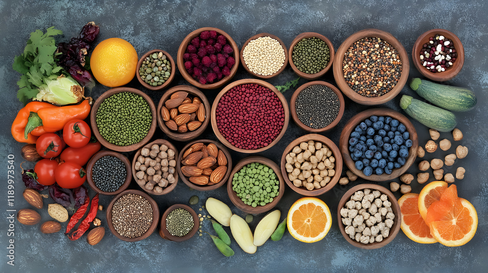 Fototapeta premium A health food composition highlighting fitness with fruits, vegetables, pulses, herbs, spices, nuts, and grains rich in antioxidants and essential nutrients.