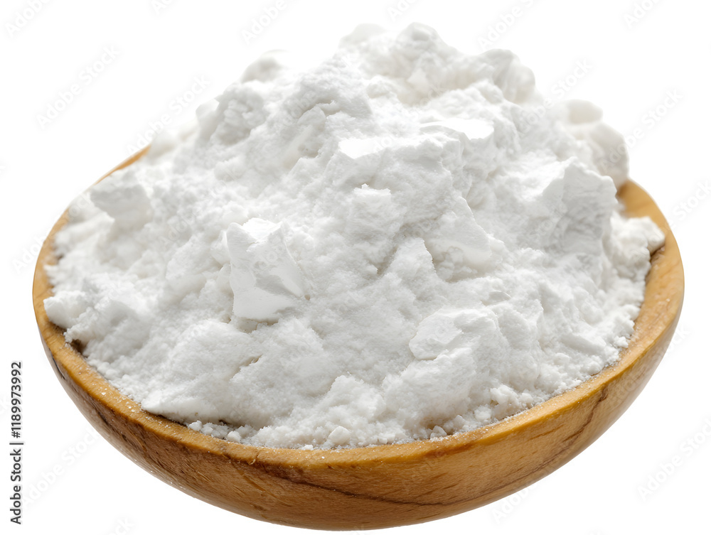 Heap of Soft and Fine Wheat Flour in Wooden Bowl on Table Heap of Soft and Fine Wheat Flour in Wooden Bowl on Table